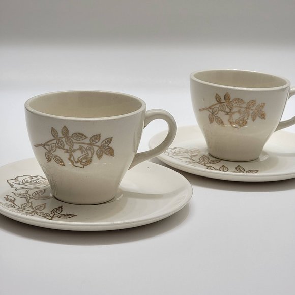 SCIO Ceramic Tea Cup Coffee Cup and Saucer Set of 2 White w Golden Rose Design - Picture 3 of 8